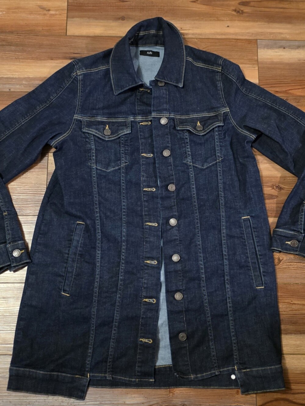 RUTI Longline Denim Duster Dark Wash Indigo Jean Coat Shacket Tailored Small 0